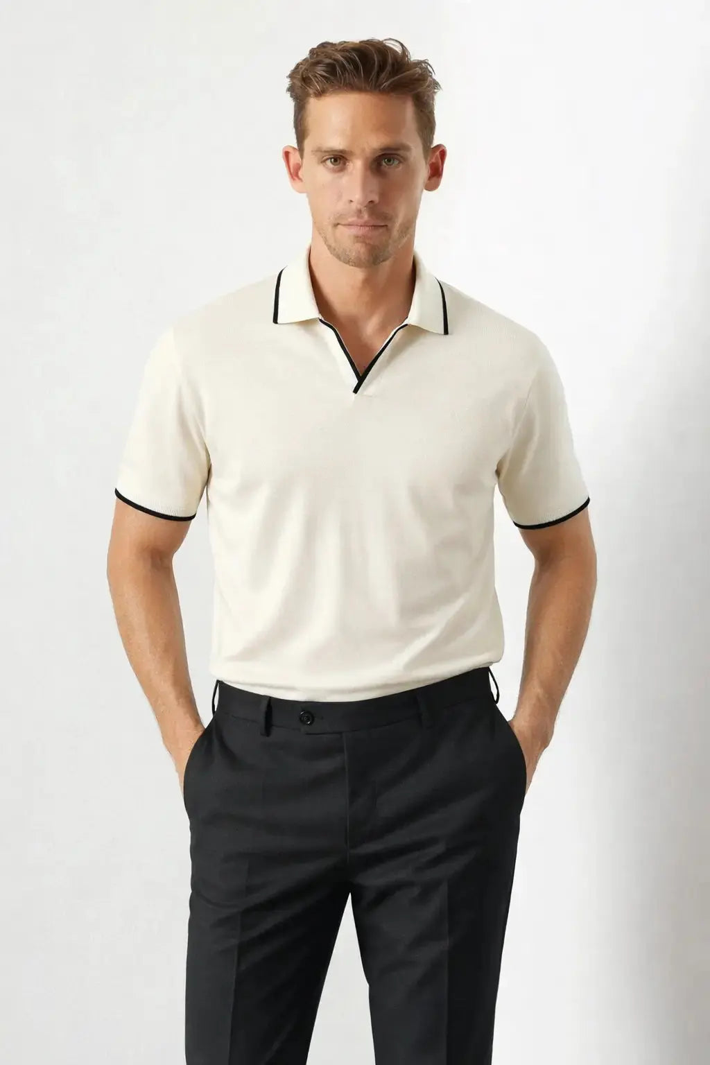 Contrast Slim Fitted Polo shown in a lifestyle setting