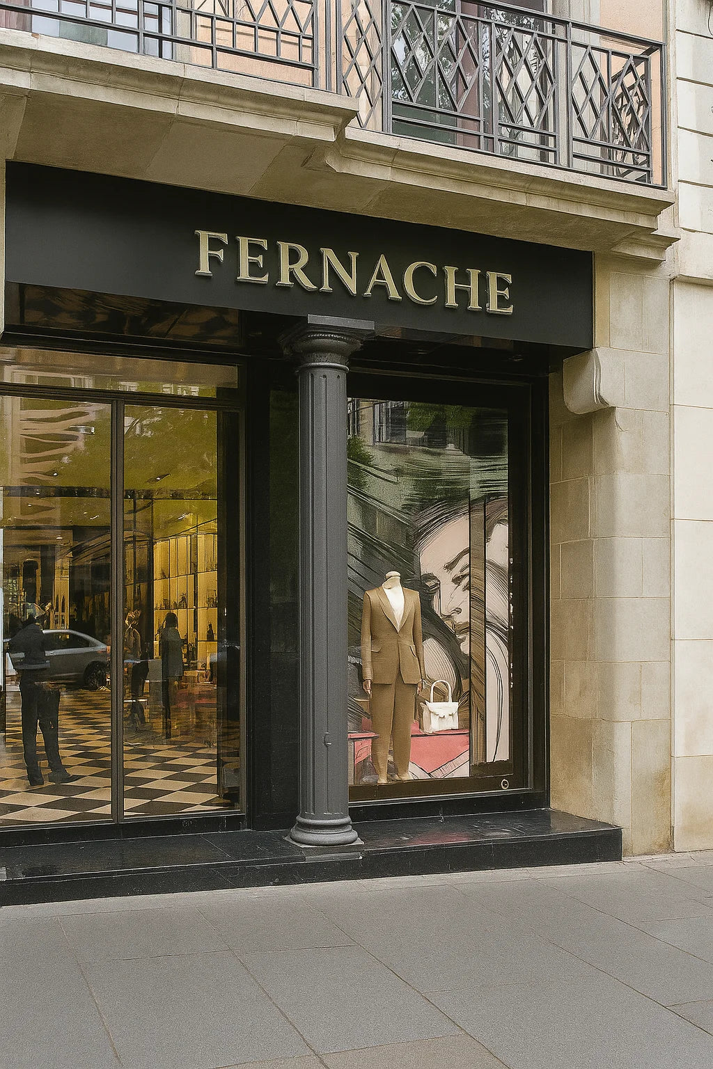 FERNACHE flagship boutique exterior – elegant storefront with tailored fashion display and luxury Old Money design.
