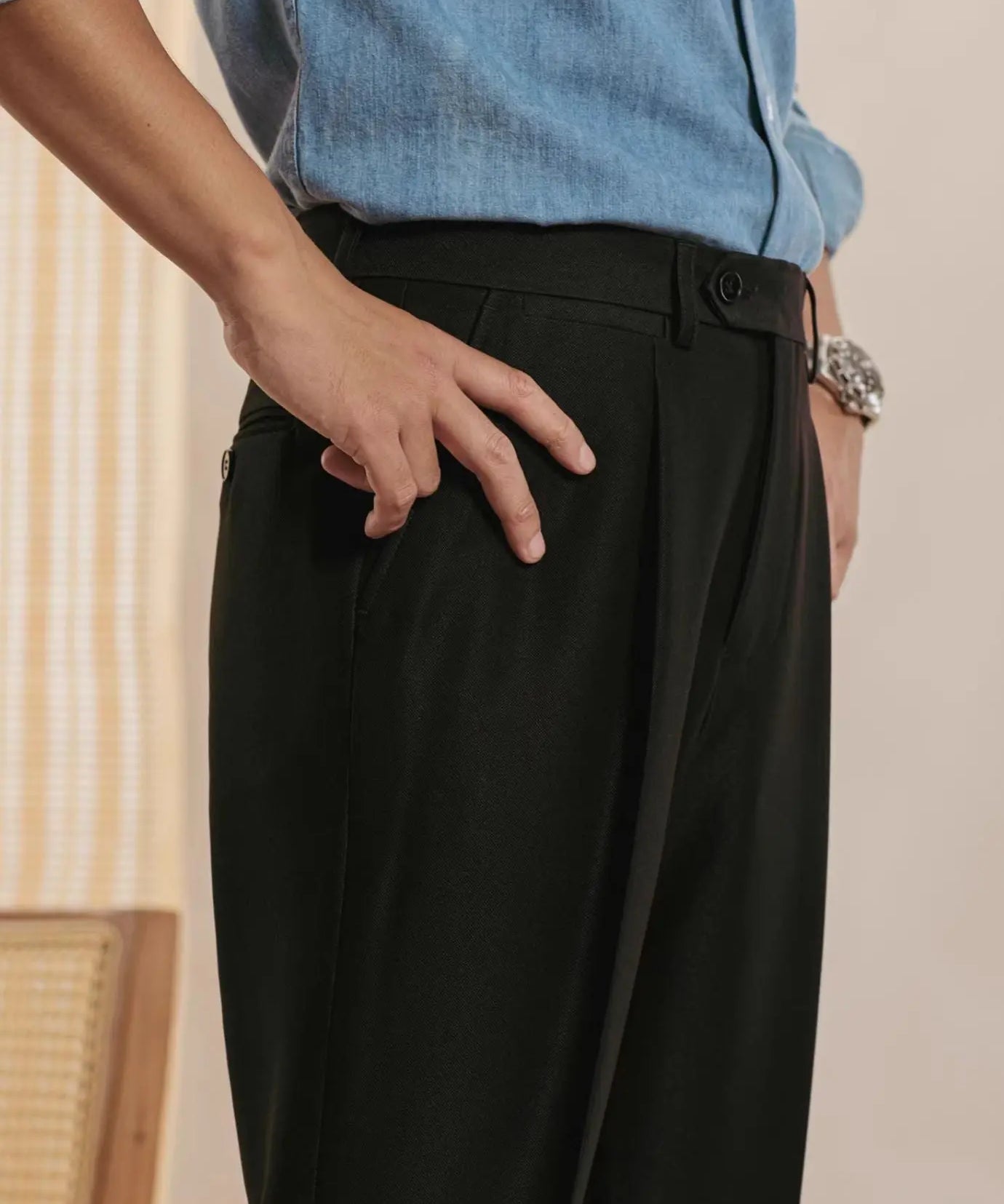 Close-up detail of Black Fernache Italian Trousers