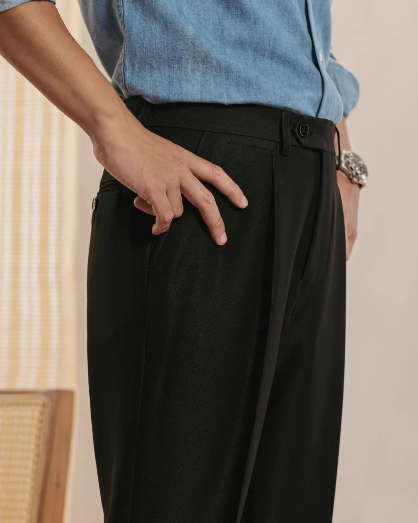Close-up detail of Black Fernache Italian Trousers