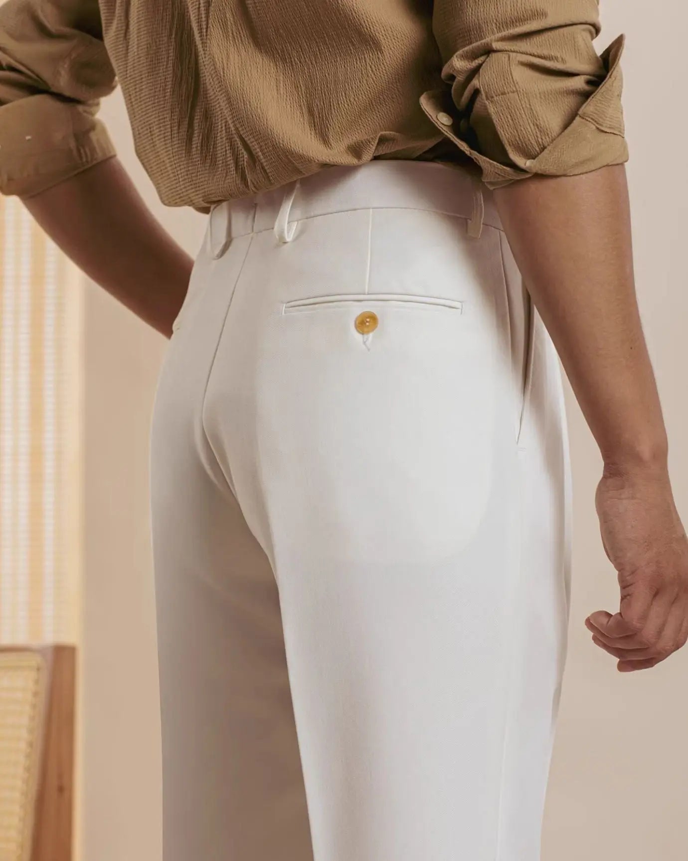 Fernache Italian Trousers shown in a lifestyle setting, alternate view