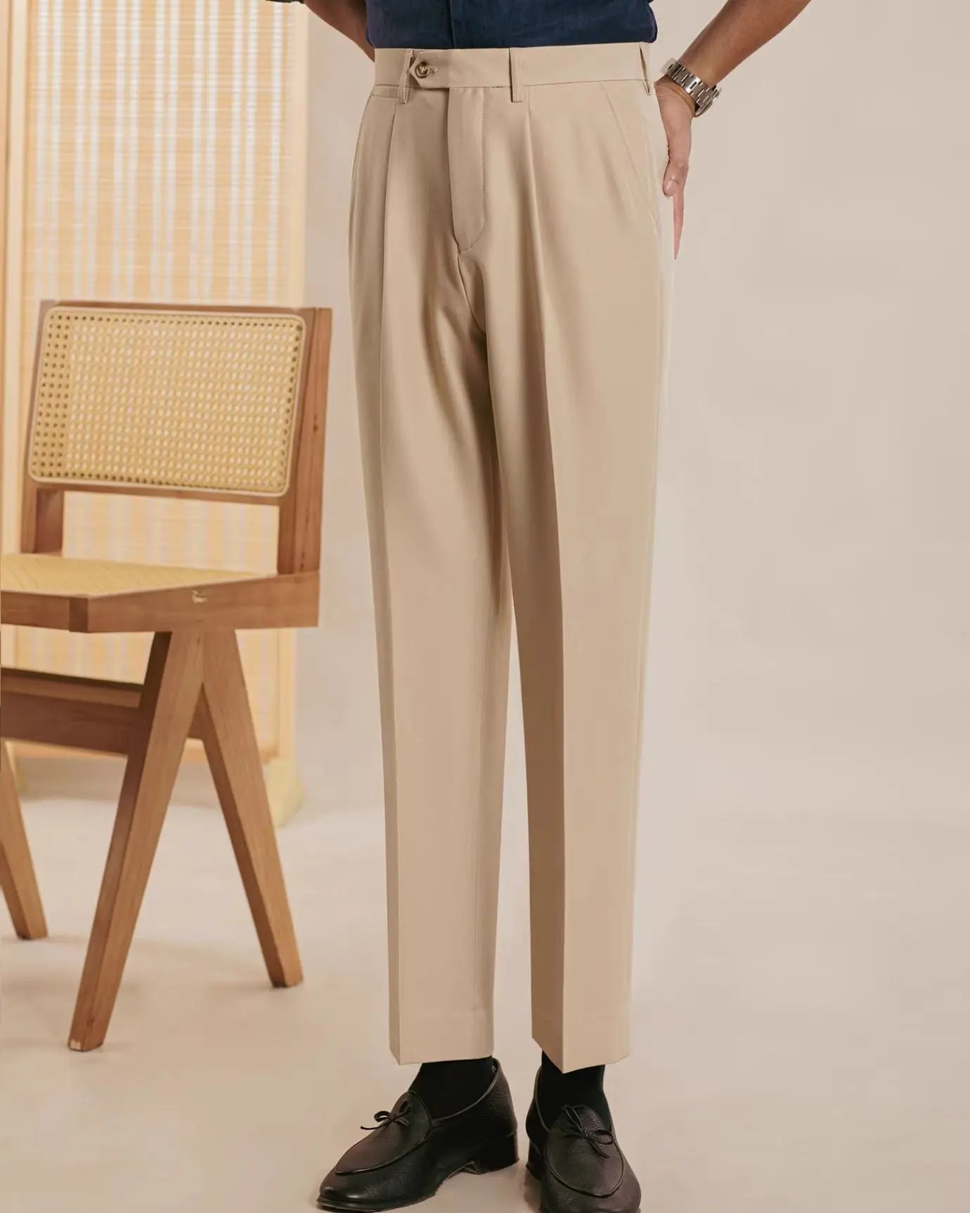 Fernache Italian Trousers shown in a lifestyle setting, full length view