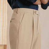 Khaki Fernache Italian Trousers shown in a lifestyle setting