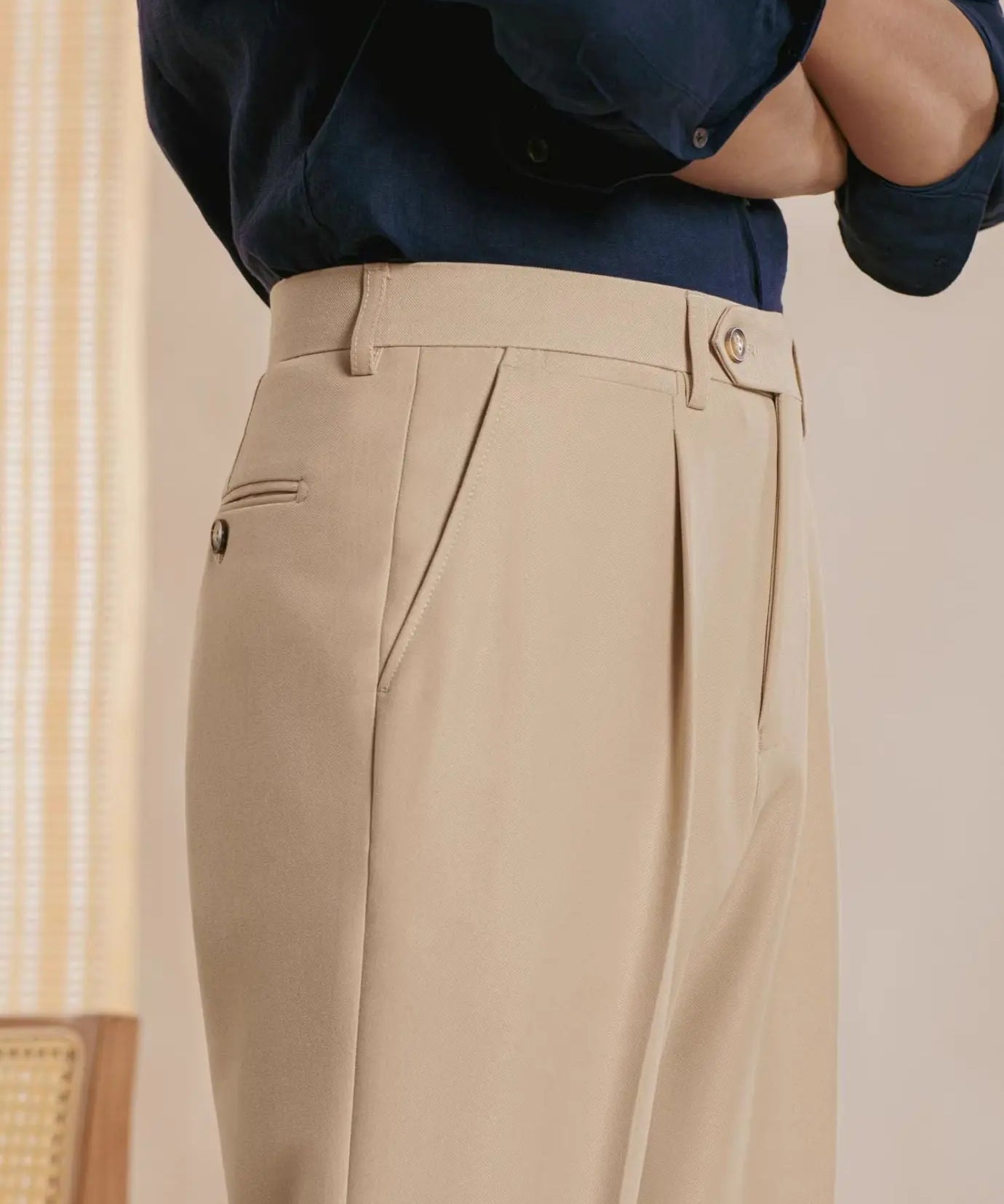 Khaki Fernache Italian Trousers shown in a lifestyle setting