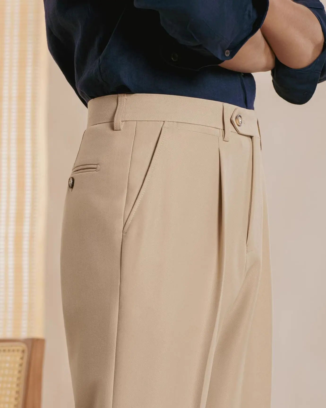 Khaki Fernache Italian Trousers shown in a lifestyle setting