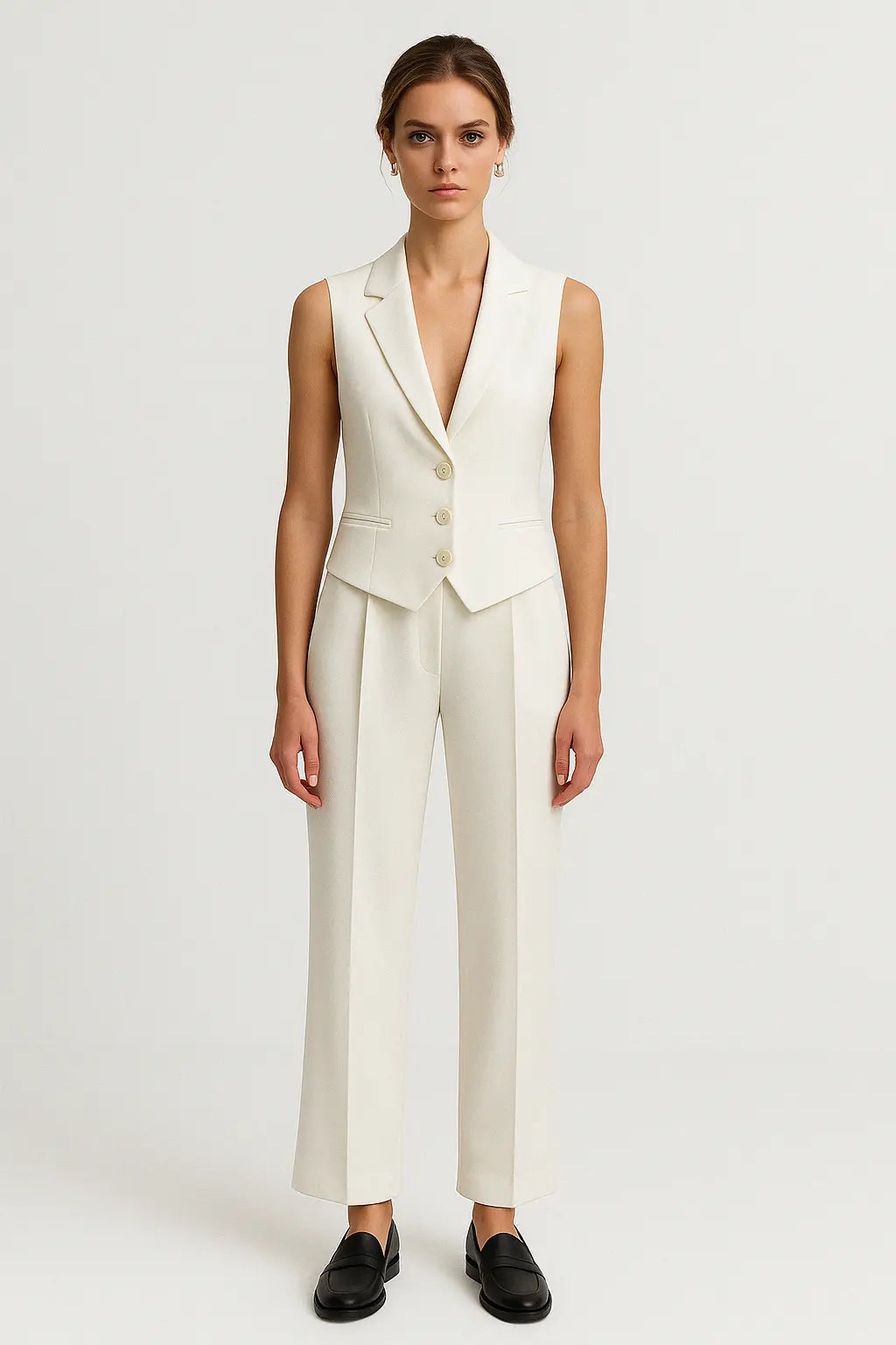 Woman wearing the Monaco Blanc linen suit set with a sleeveless vest and matching trousers, front view