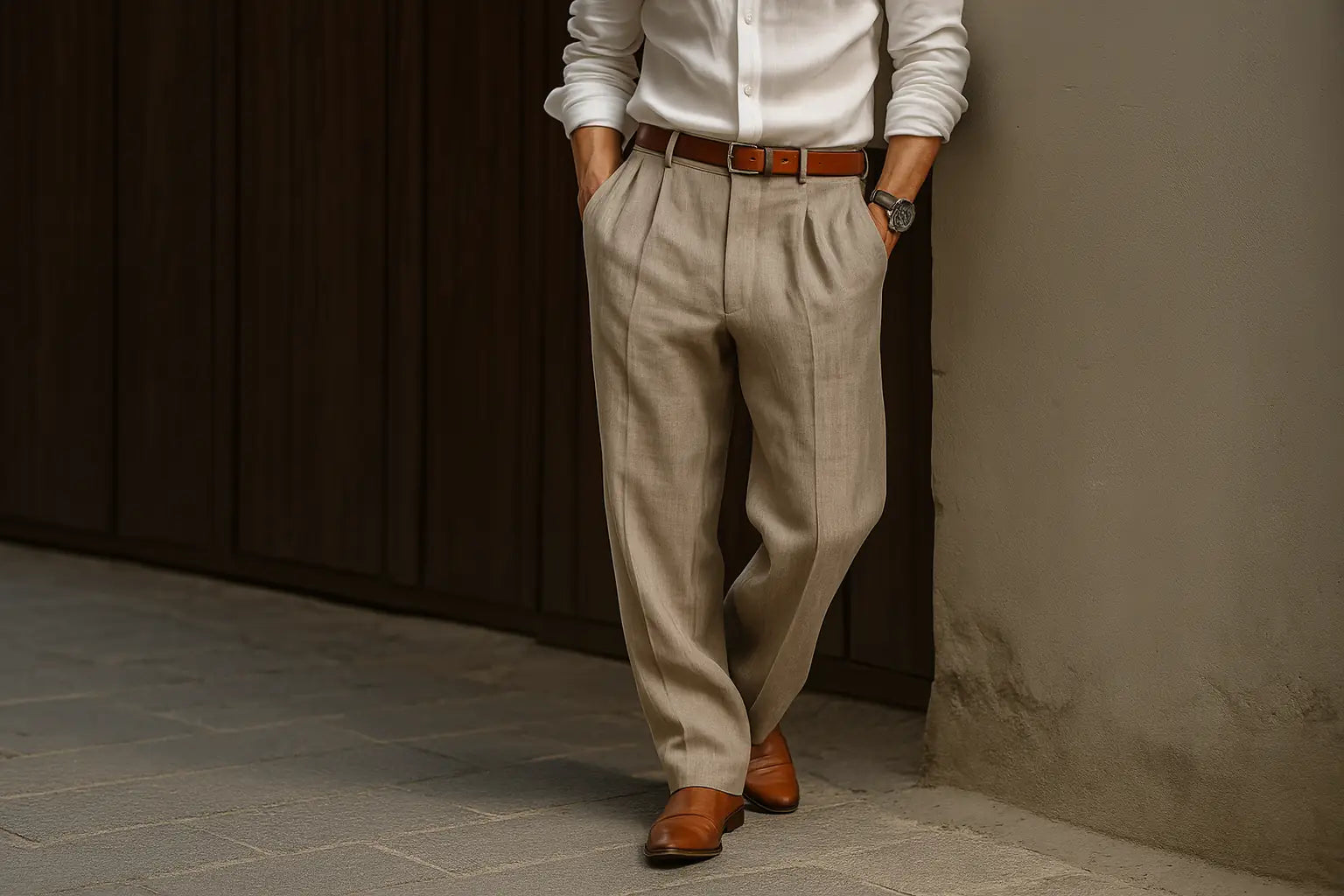 FERNACHE beige pleated trousers – refined Old Money menswear styled with brown leather loafers and a white shirt.