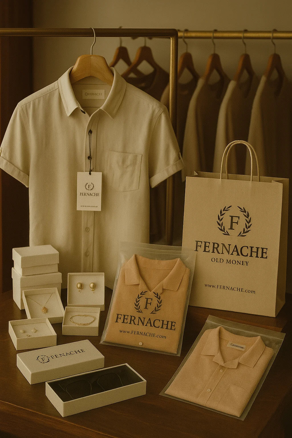 FERNACHE Old Money collection display with linen shirts, jewelry, and packaging – elegant Scandinavian luxury craftsmanship.