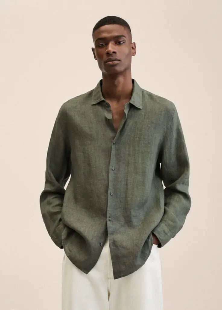 FERNACHE olive green linen shirt – timeless Old Money menswear crafted for effortless Scandinavian elegance.
