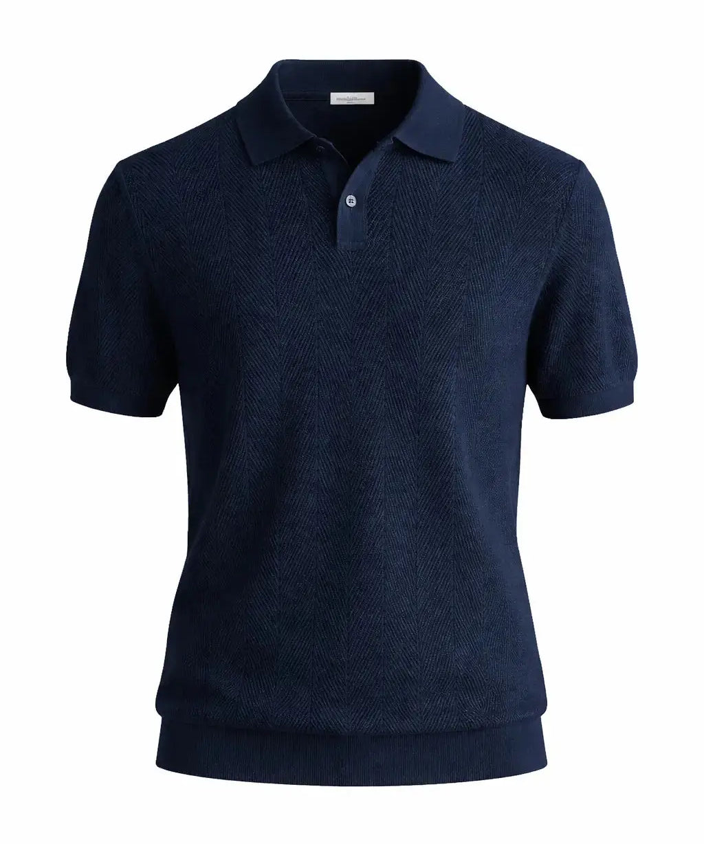 Navy Blue Fernache Polo Shirt shown in a lifestyle setting