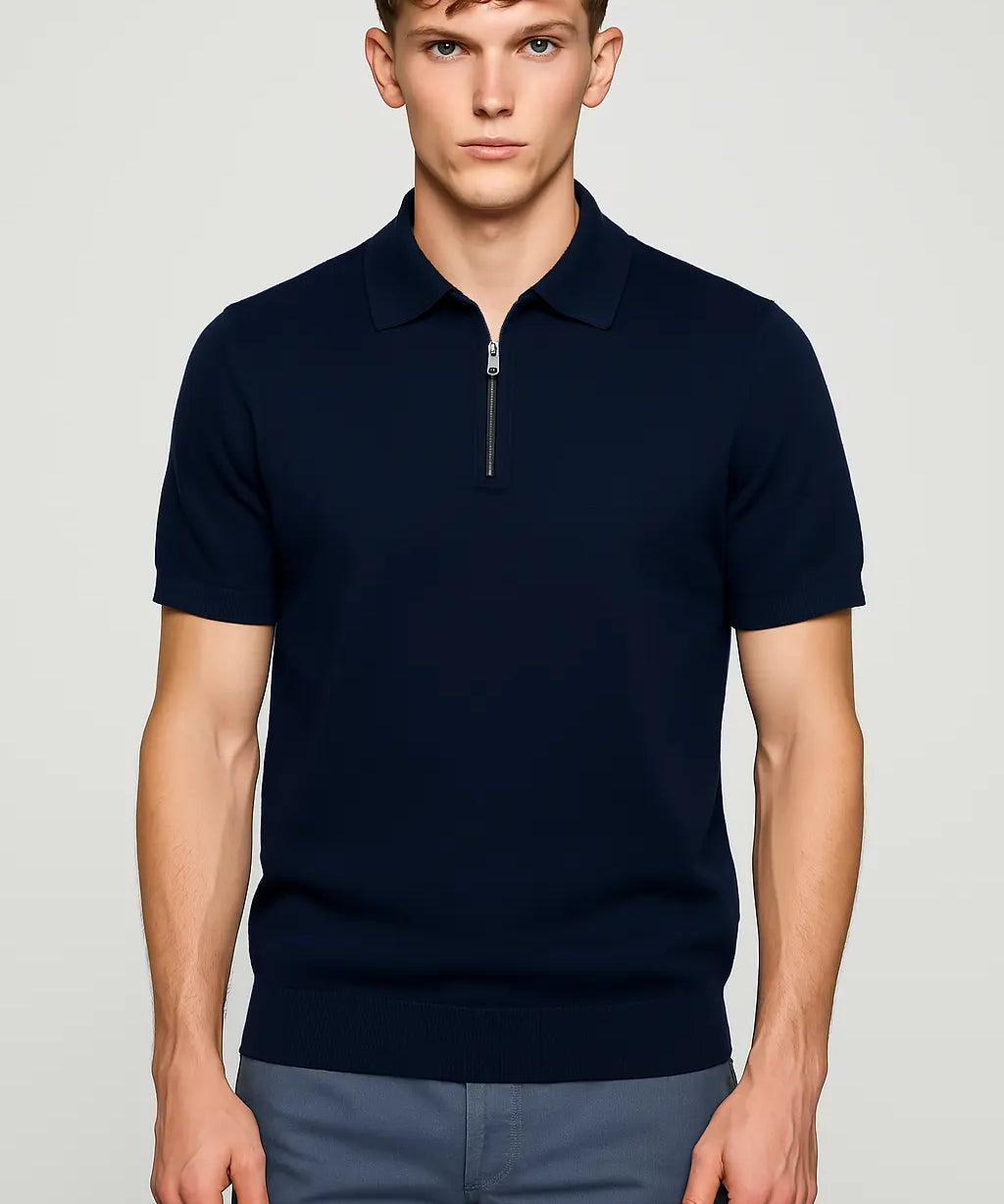 Navy Blue Fernache Polo Shirt shown in a lifestyle setting