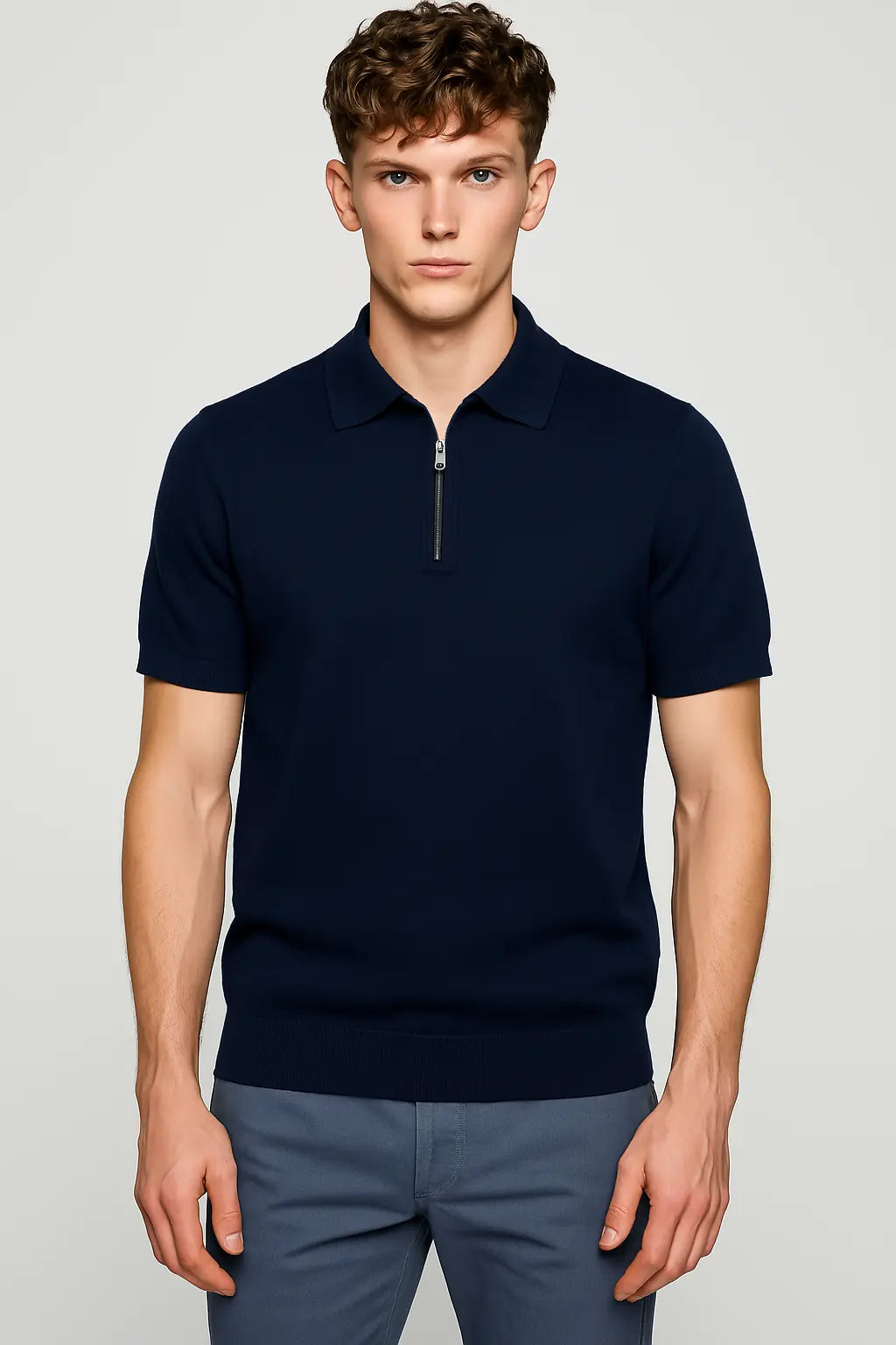 Navy Blue Fernache Polo Shirt shown in a lifestyle setting
