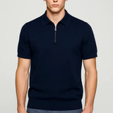 Navy Blue Fernache Polo Shirt shown in a lifestyle setting