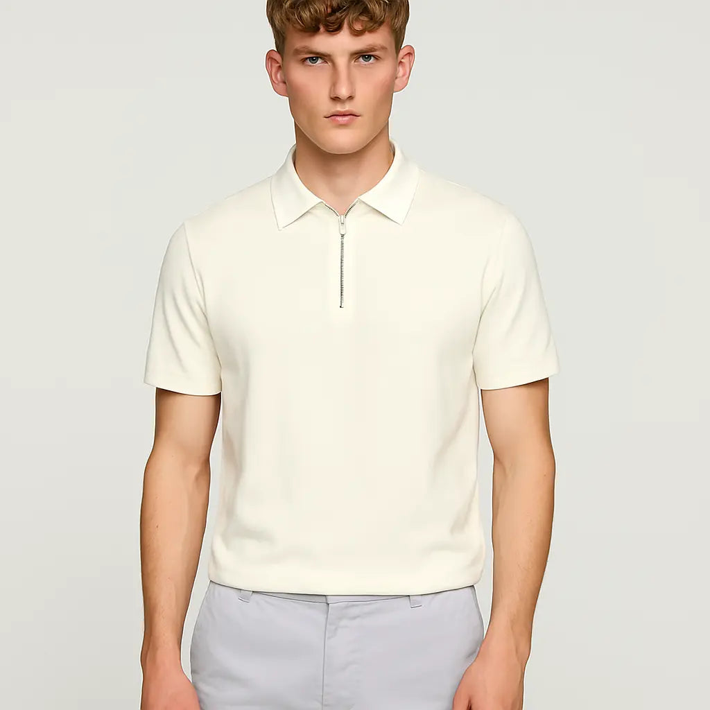 White Fernache Polo Shirt shown in a lifestyle setting