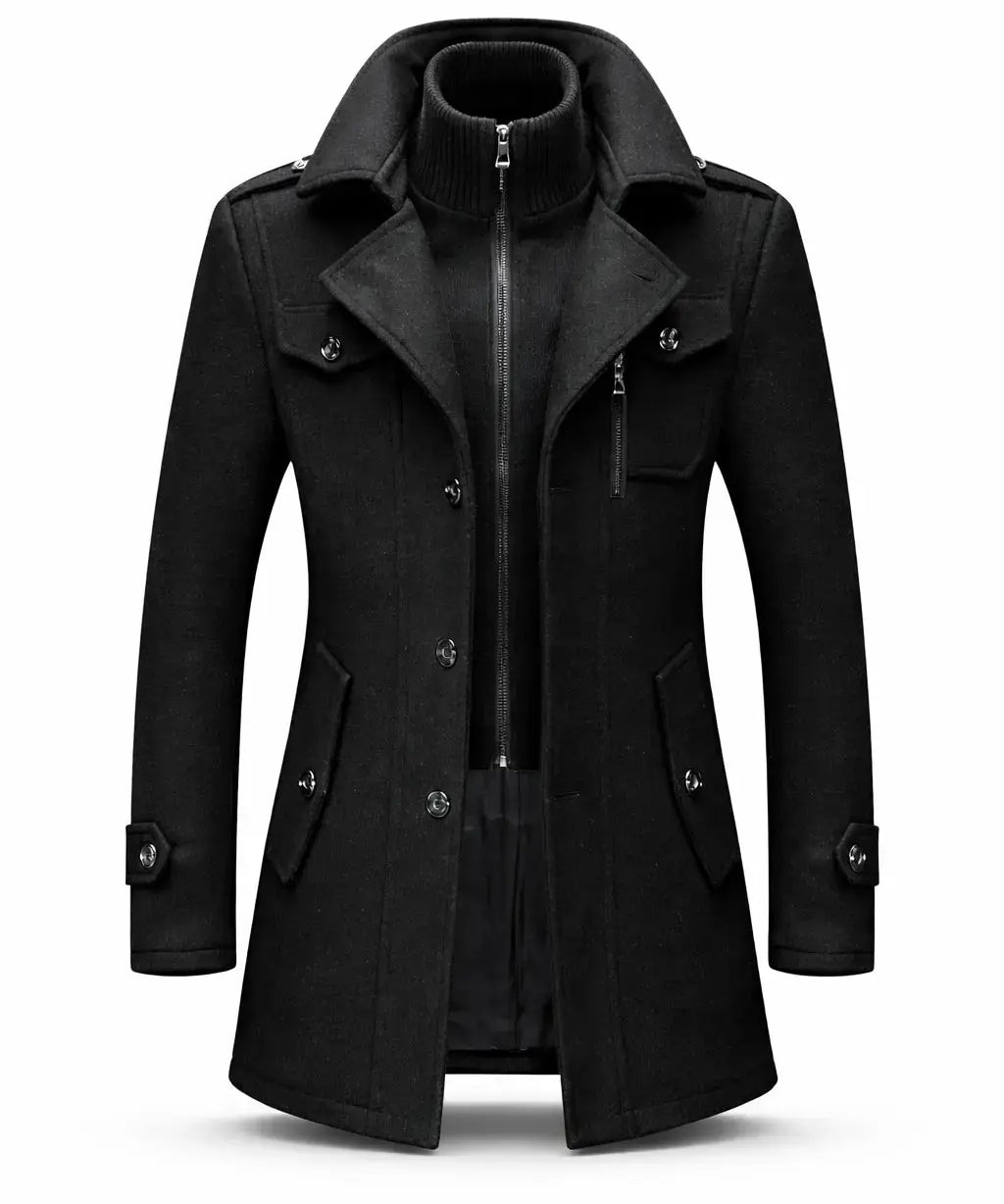 Front view of Black Fernache Warmer Coat