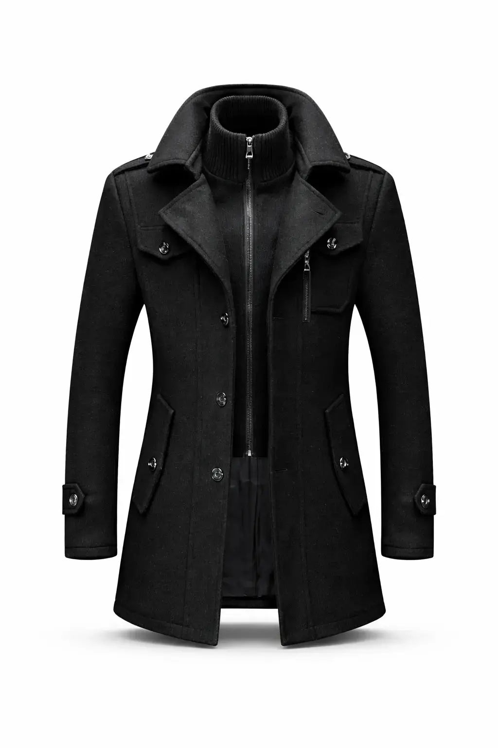 Front view of Black Fernache Warmer Coat