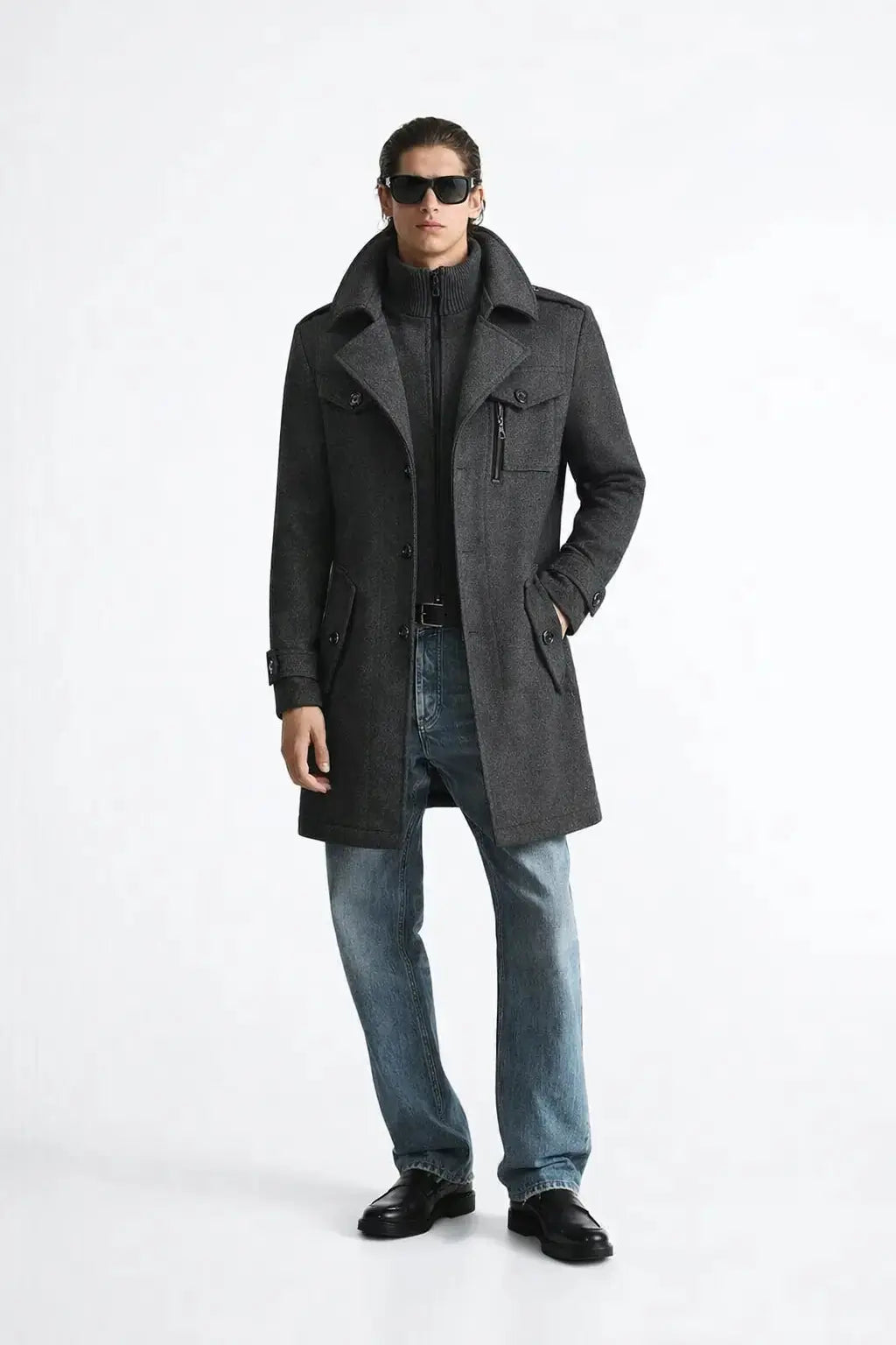 Fernache Warmer Coat shown in a lifestyle setting, full length view