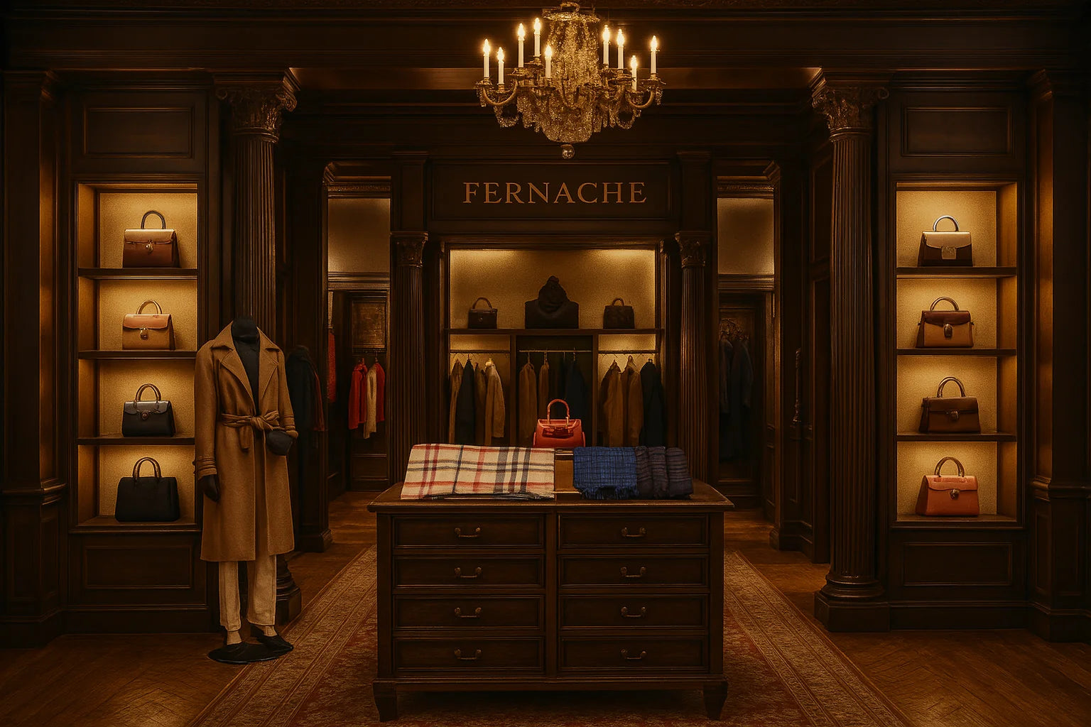 FERNACHE luxury boutique interior with tailored coats, leather handbags, and soft lighting – a refined Old Money fashion atmosphere.