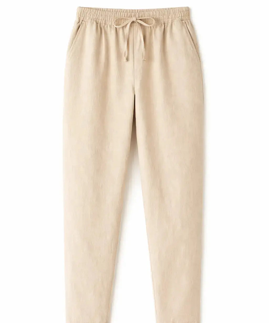 Beige Linen Pantalon Pants shown in a lifestyle setting