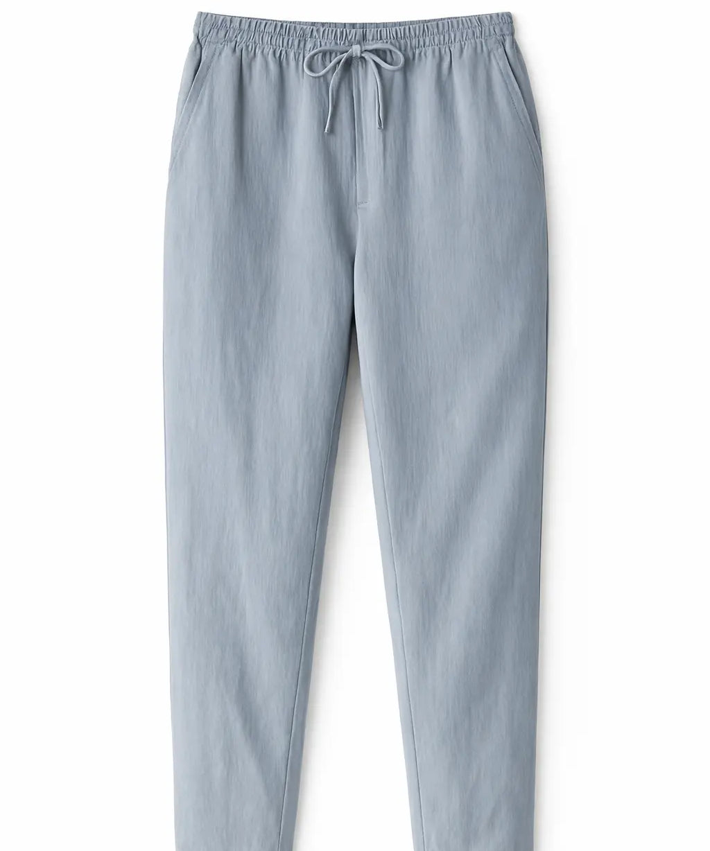 Blue Linen Pantalon Pants shown in a lifestyle setting