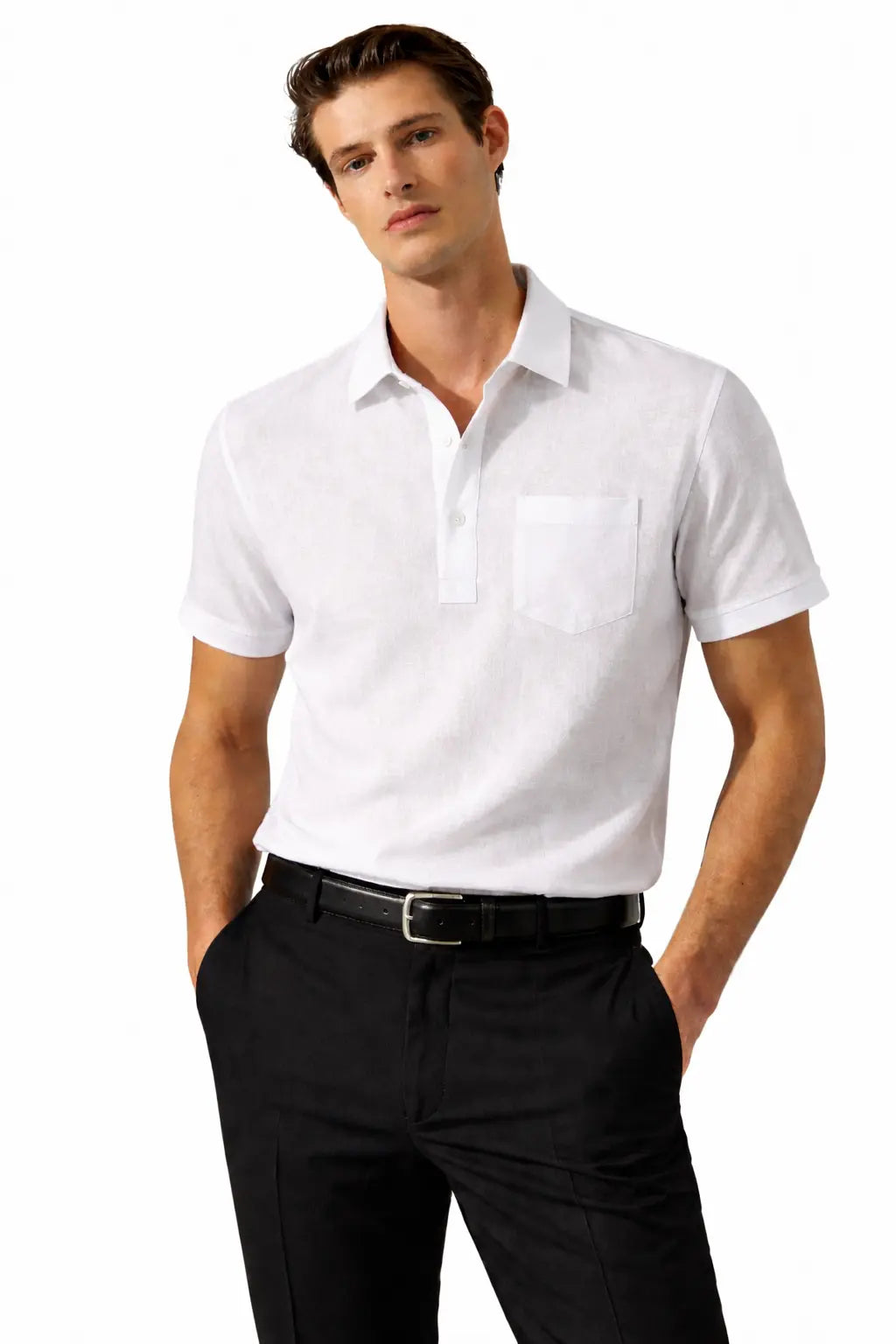 Linen Polo shown in a lifestyle setting, alternate view