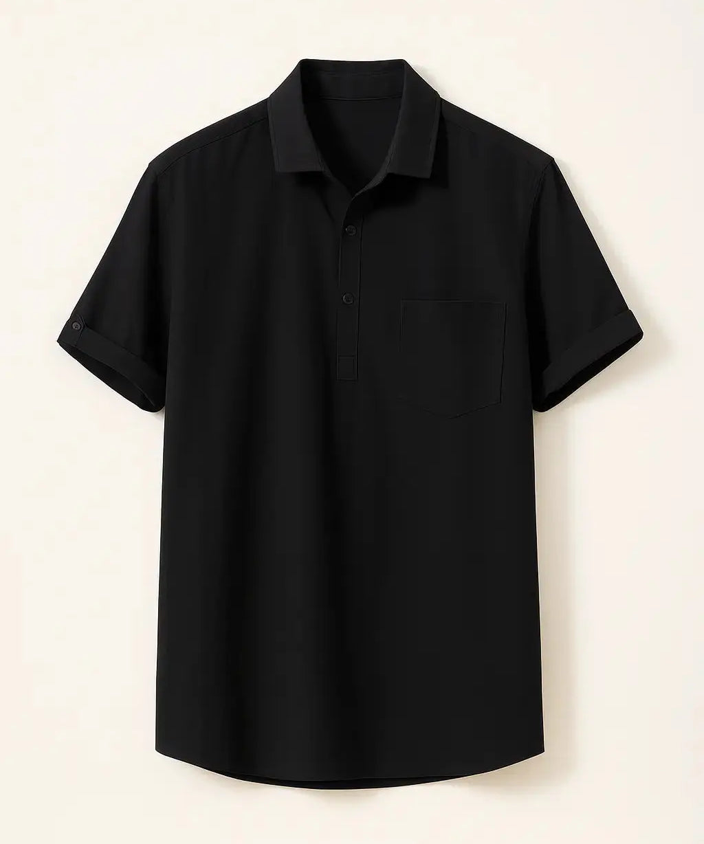 Black Linen Polo shown in a lifestyle setting