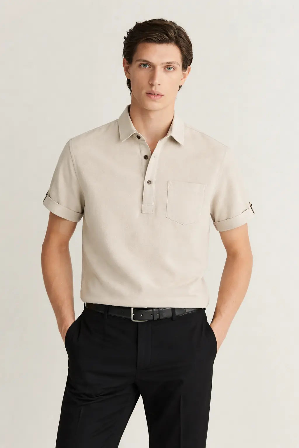 Linen Polo shown in a lifestyle setting