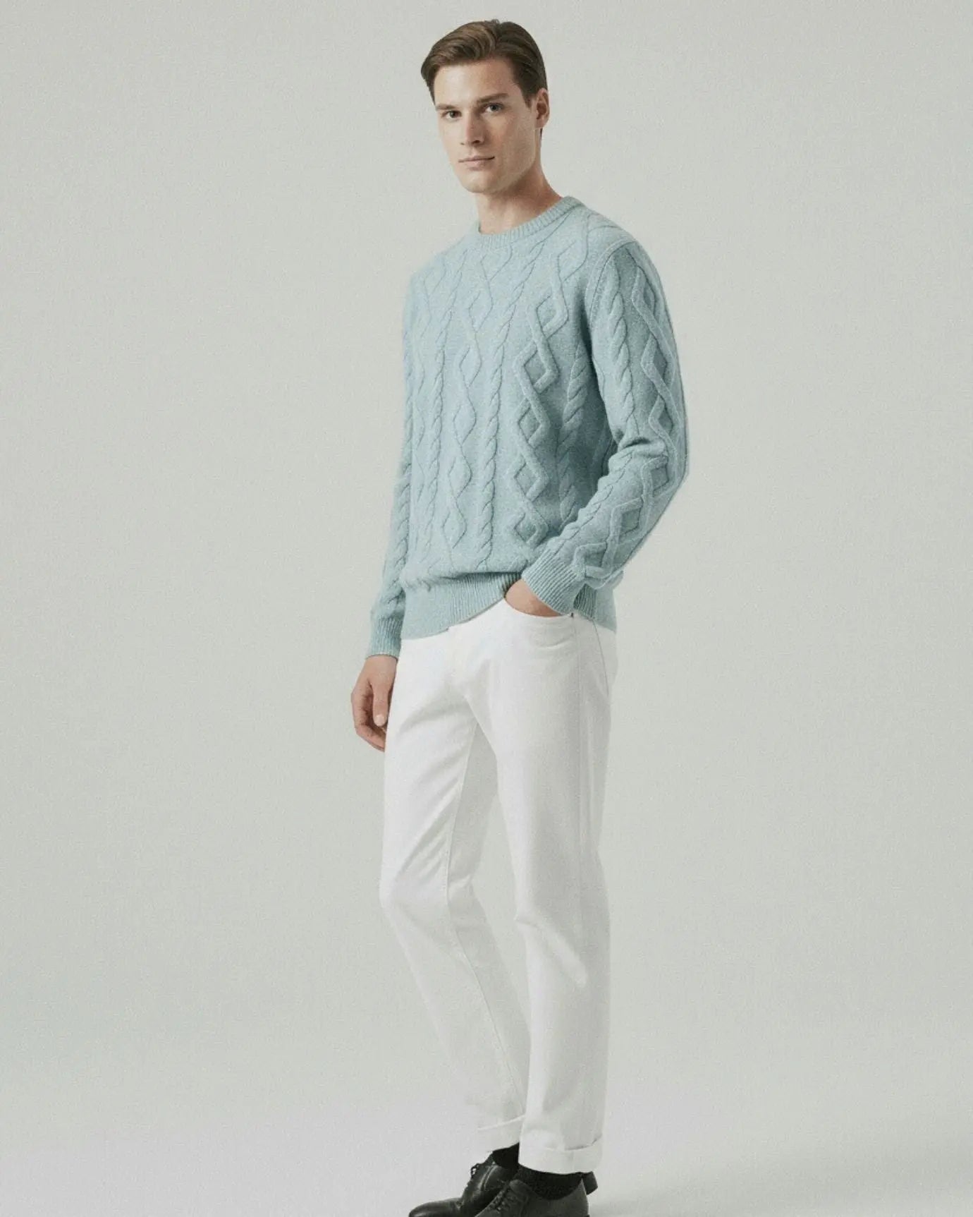Fine Cashmere & Wool Sweater Pullover shown in a lifestyle setting, alternate view