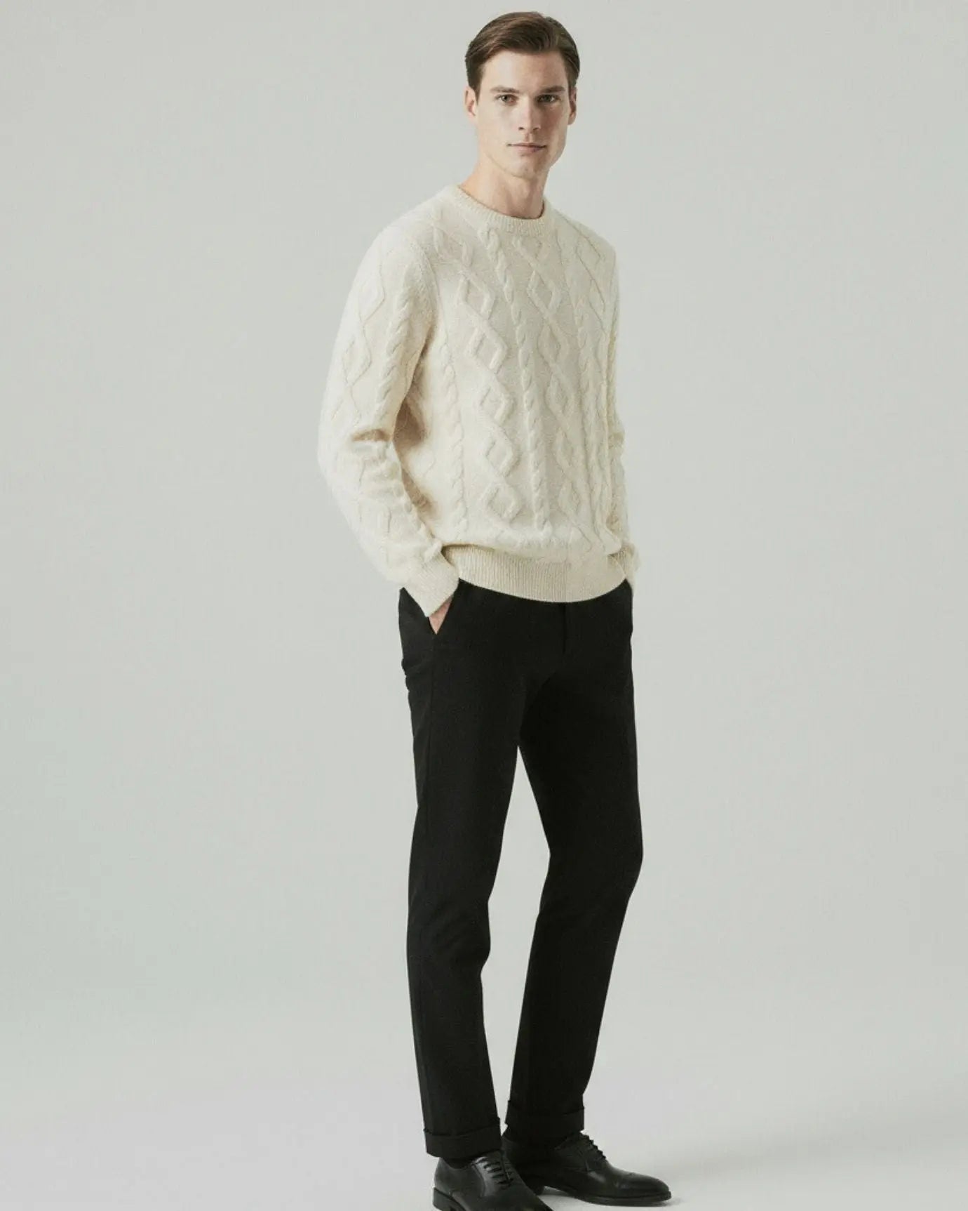 Fine Cashmere & Wool Sweater Pullover shown in a lifestyle setting, cropped view