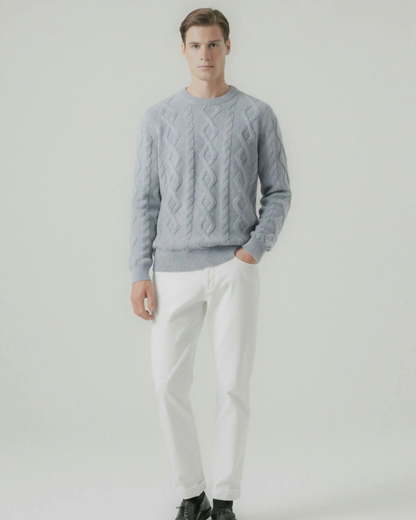 Fine Cashmere & Wool Sweater Pullover shown in a lifestyle setting, full length view