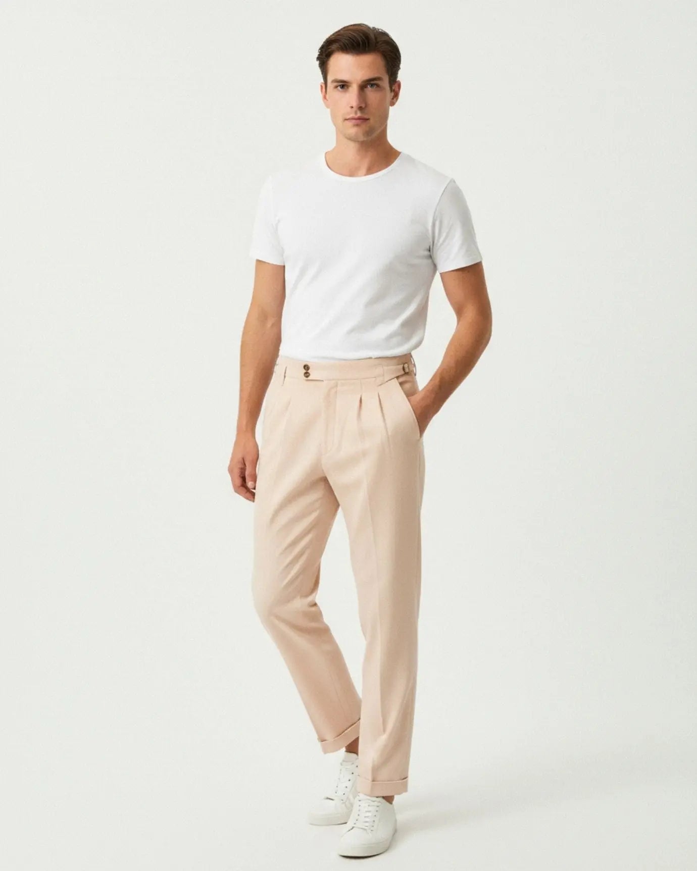 Fine Cotton Trousers Apricot shown in a lifestyle setting, alternate view