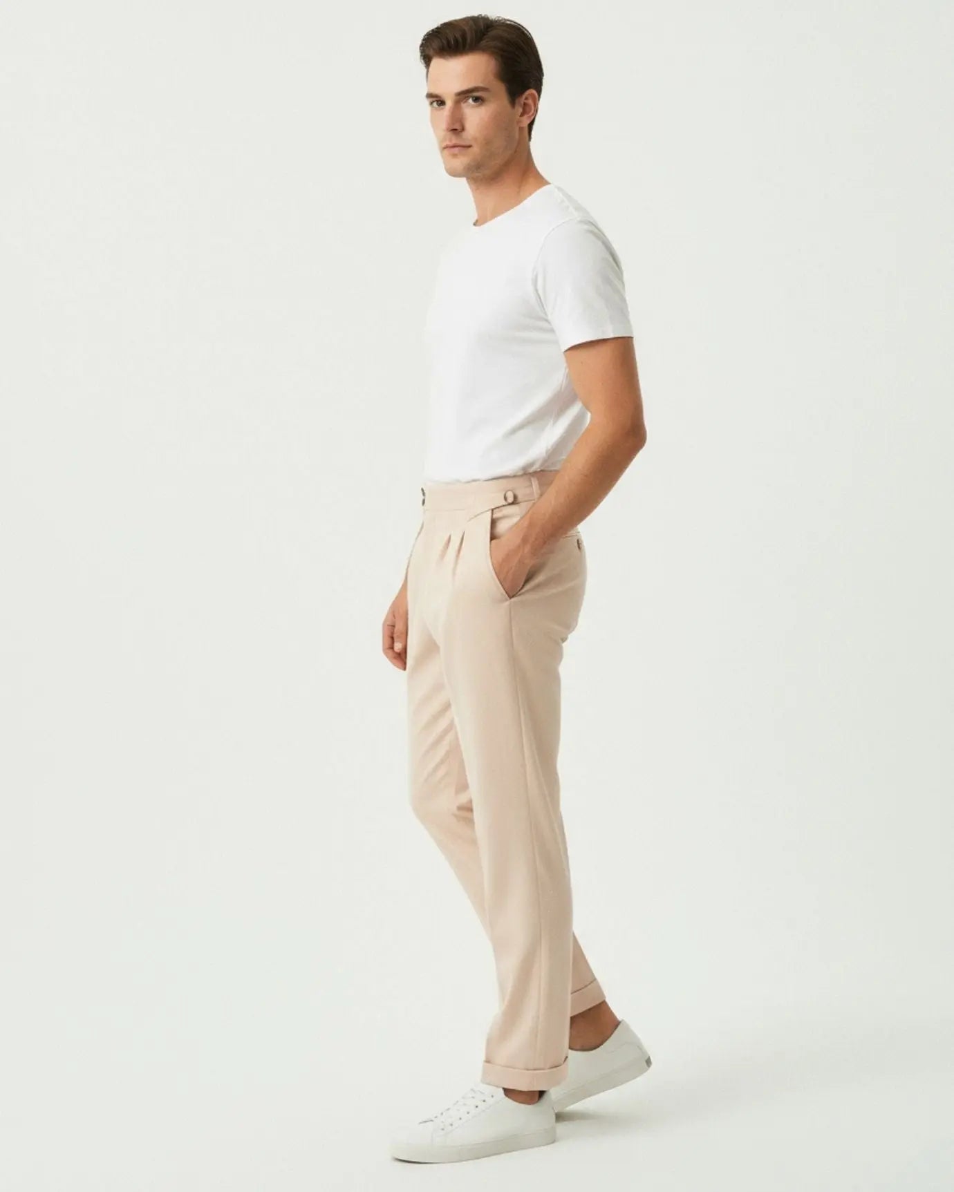 Fine Cotton Trousers Apricot shown in a lifestyle setting, full length view