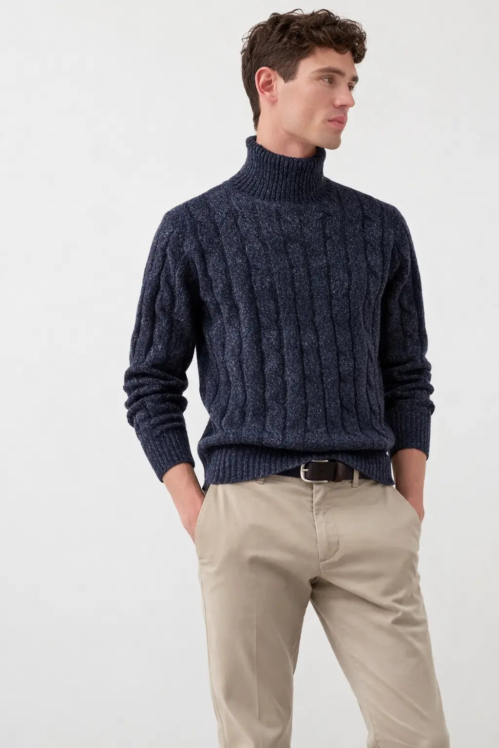 Fjord Polo Sweater shown in a lifestyle setting, full length view