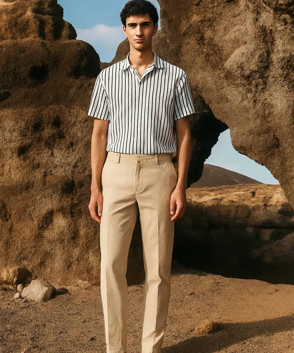 Beige Franklin Pants shown in a lifestyle setting