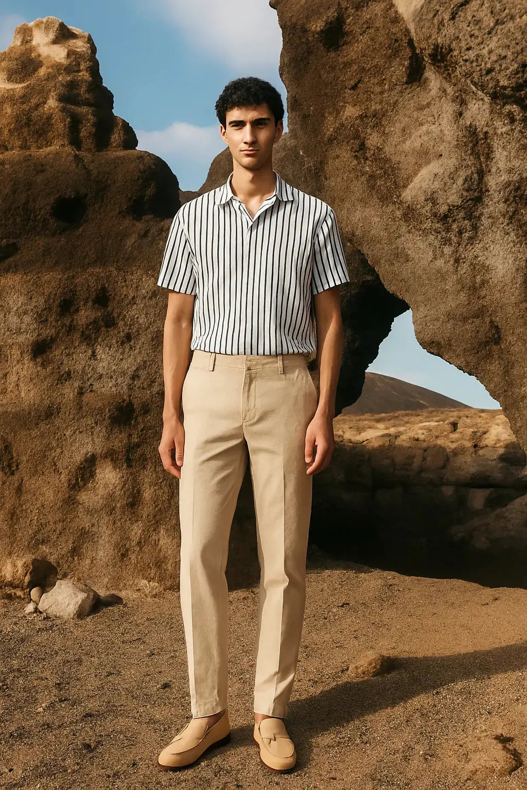 Beige Franklin Pants shown in a lifestyle setting
