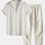Front view of Beige Geometric Jacquard Cuban Shirt & Straight Leg Linen Pants