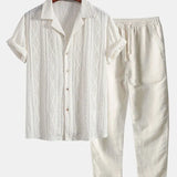 Front view of Beige Geometric Jacquard Cuban Shirt & Straight Leg Linen Pants