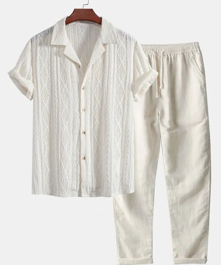 Front view of Beige Geometric Jacquard Cuban Shirt & Straight Leg Linen Pants