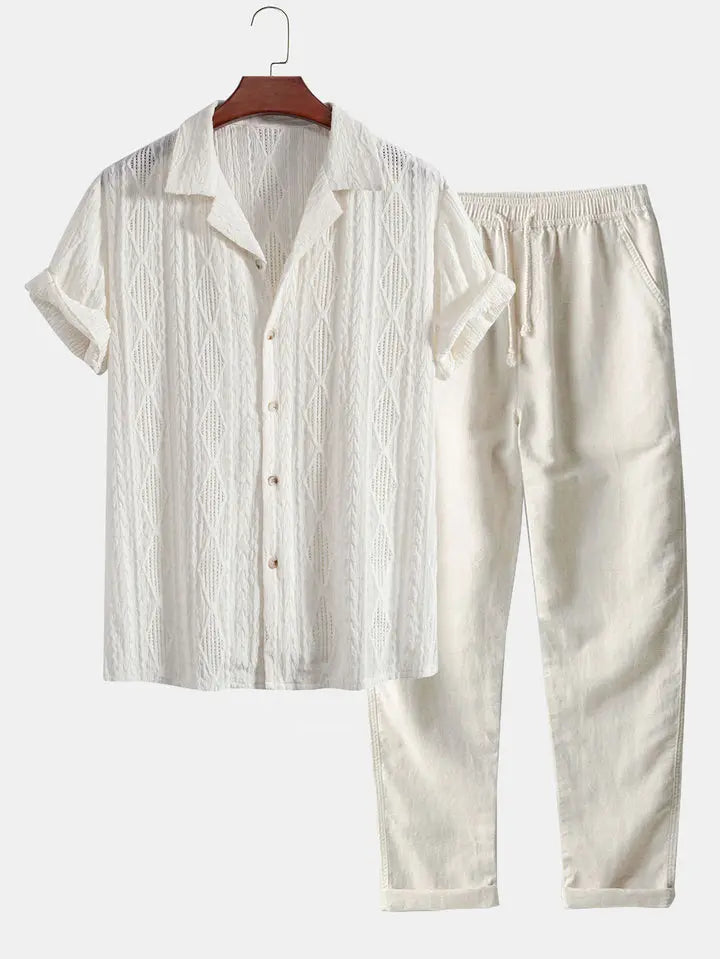 Front view of Beige Geometric Jacquard Cuban Shirt & Straight Leg Linen Pants