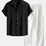 Front view of Black & White Geometric Jacquard Cuban Shirt & Straight Leg Linen Pants