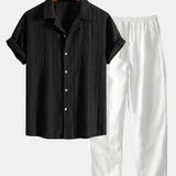 Front view of Black & White Geometric Jacquard Cuban Shirt & Straight Leg Linen Pants