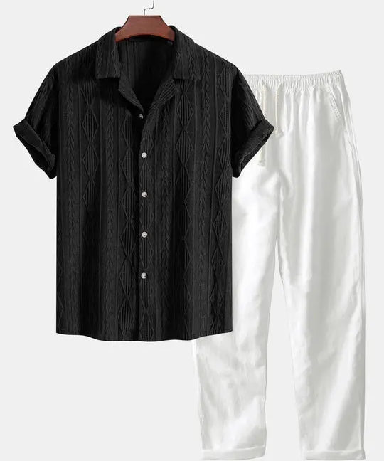 Front view of Black & White Geometric Jacquard Cuban Shirt & Straight Leg Linen Pants