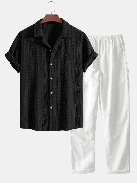 Front view of Black & White Geometric Jacquard Cuban Shirt & Straight Leg Linen Pants