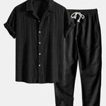 Front view of Black Geometric Jacquard Cuban Shirt & Straight Leg Linen Pants