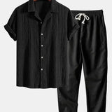 Front view of Black Geometric Jacquard Cuban Shirt & Straight Leg Linen Pants