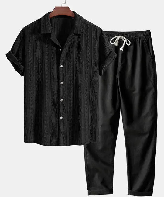 Front view of Black Geometric Jacquard Cuban Shirt & Straight Leg Linen Pants