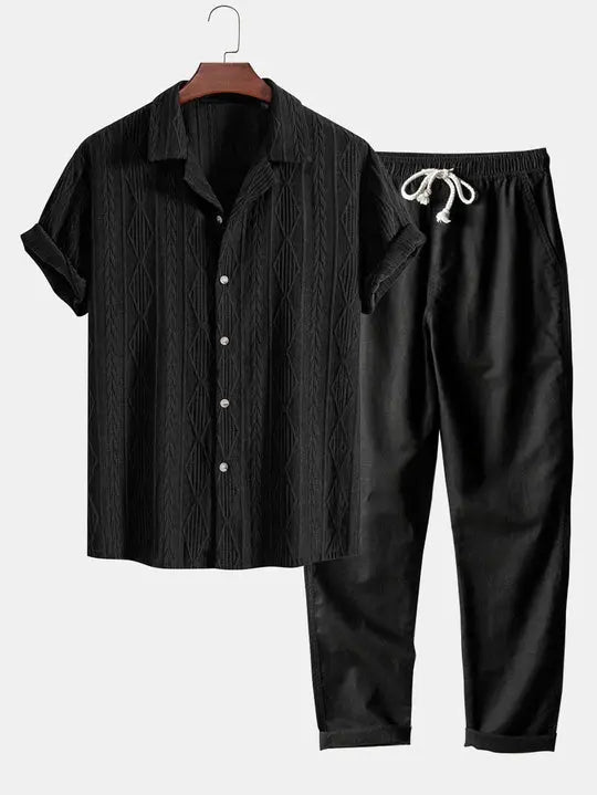 Front view of Black Geometric Jacquard Cuban Shirt & Straight Leg Linen Pants