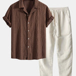 Front view of Coffe Geometric Jacquard Cuban Shirt & Straight Leg Linen Pants