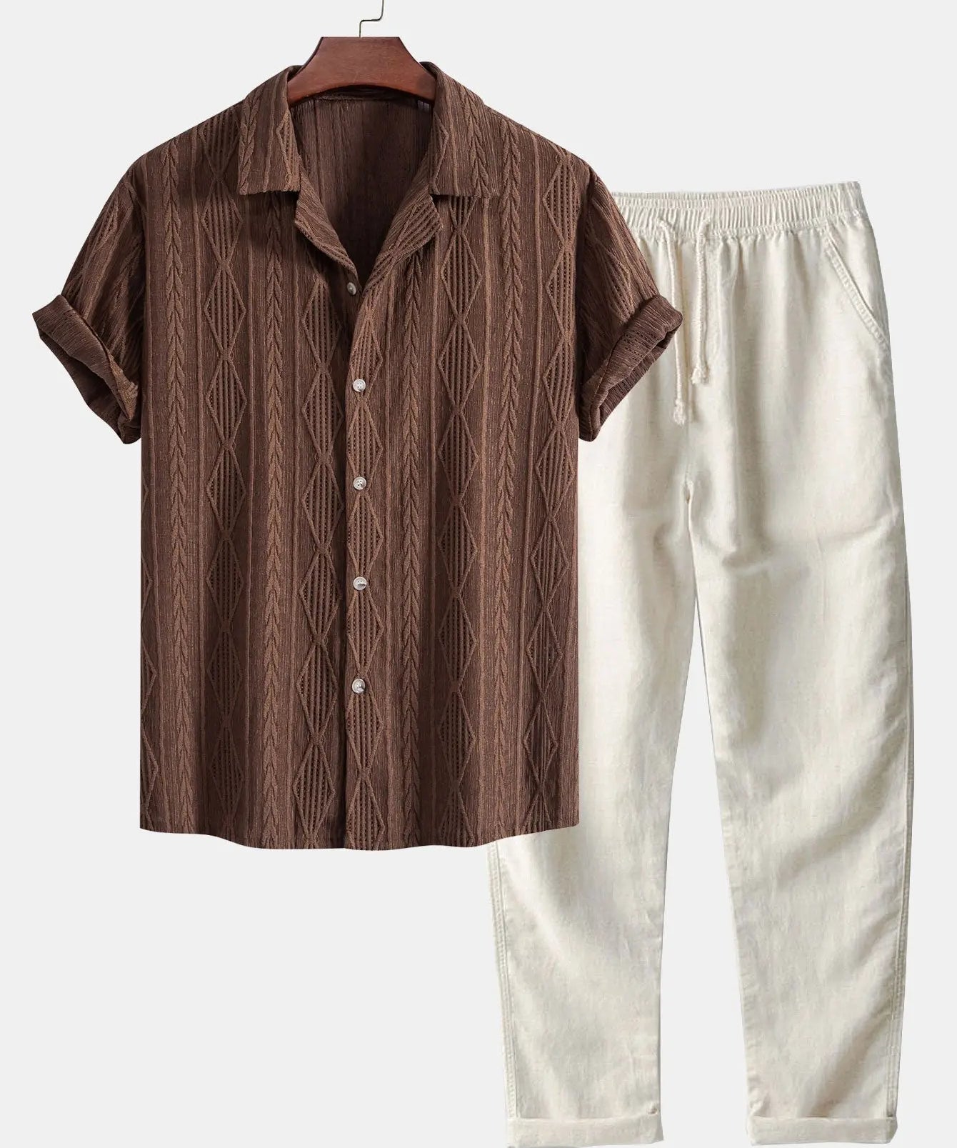 Front view of Coffe Geometric Jacquard Cuban Shirt & Straight Leg Linen Pants