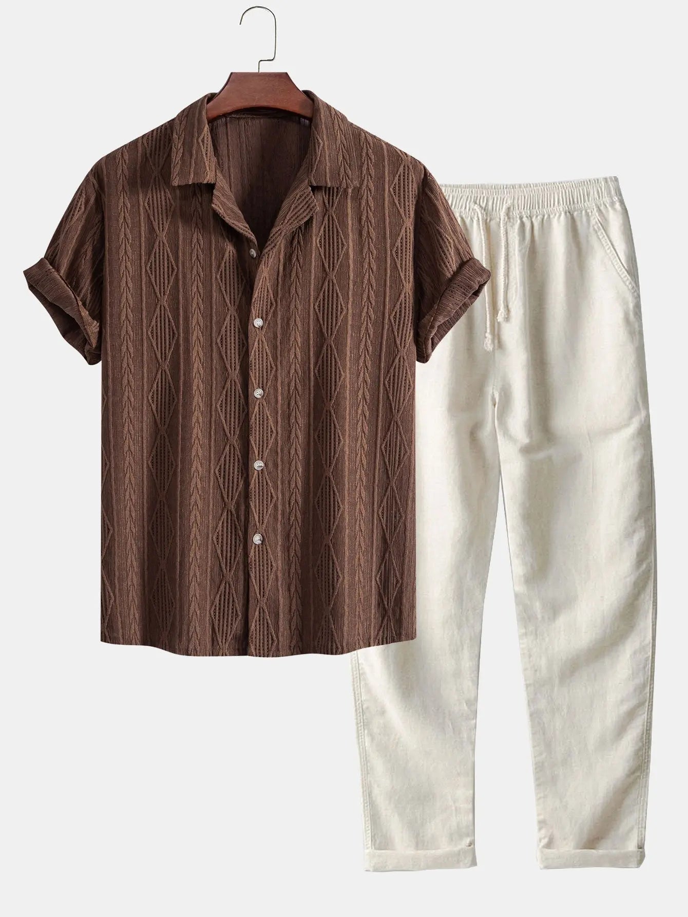 Front view of Coffe Geometric Jacquard Cuban Shirt & Straight Leg Linen Pants
